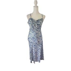 Blue White Floral Midi Dress Womens Medium Spaghetti Strap Summer Casual